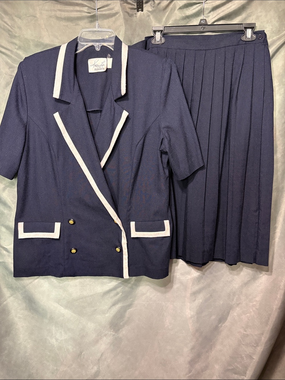 Vintage Kathie Lee Navy and White Two-Piece Skirt Set